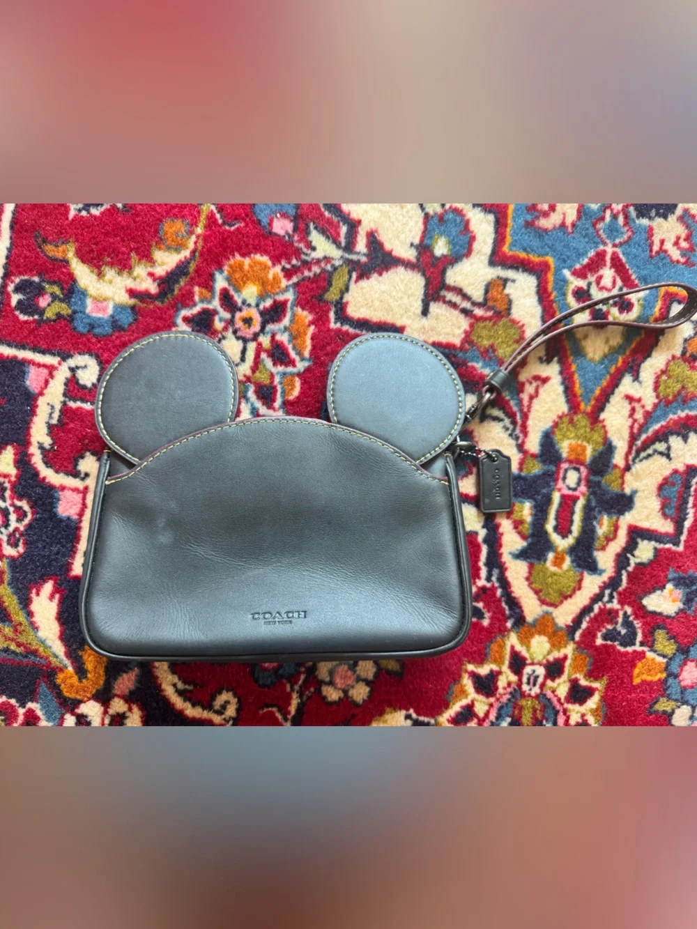 Coach Black Leather Wristlet with Mickey Mouse Ears Detail Disney- Rare